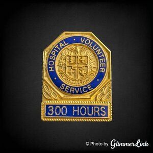 Vintage Hospital Volunteer Service Pin Blue Enamel Gold Tone 300 Hours Award